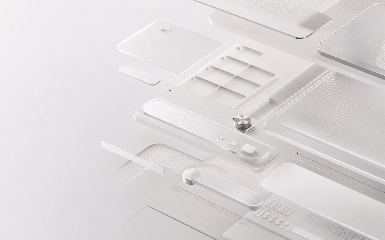 Frosted modular interface components assembling in a geometric grid